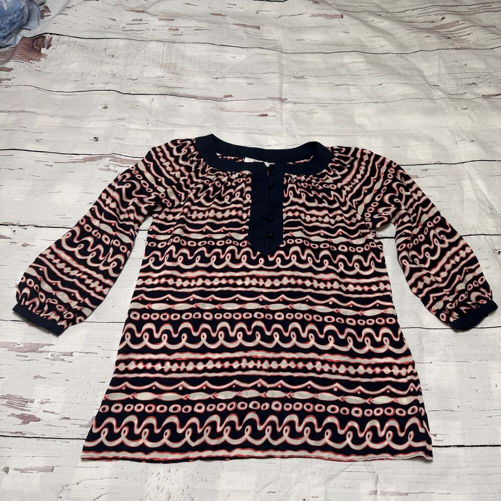 Vineyard Vines 100% Silk Blouse Navy Pink Abstract Print Size S